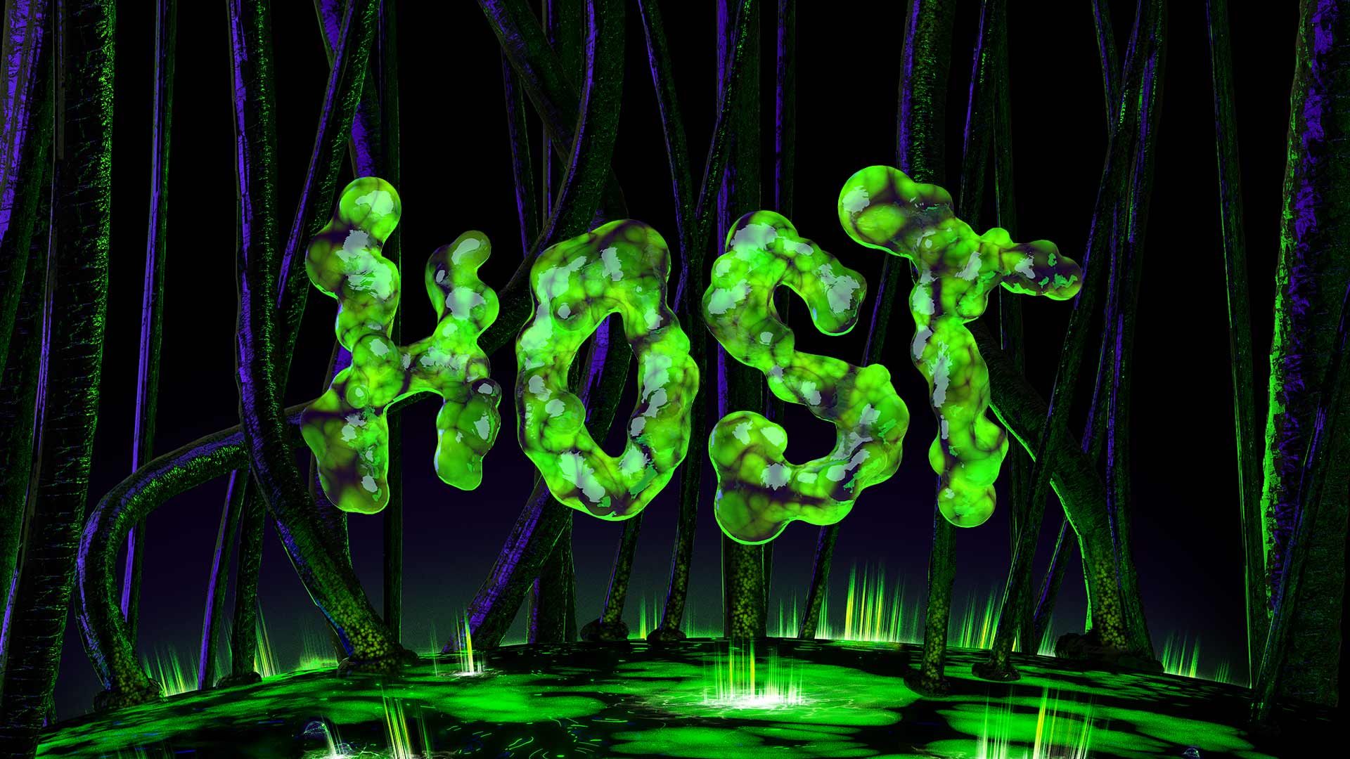 Key art for a video game called HOST with gooey neon green letters in front of a system of veins and tubes